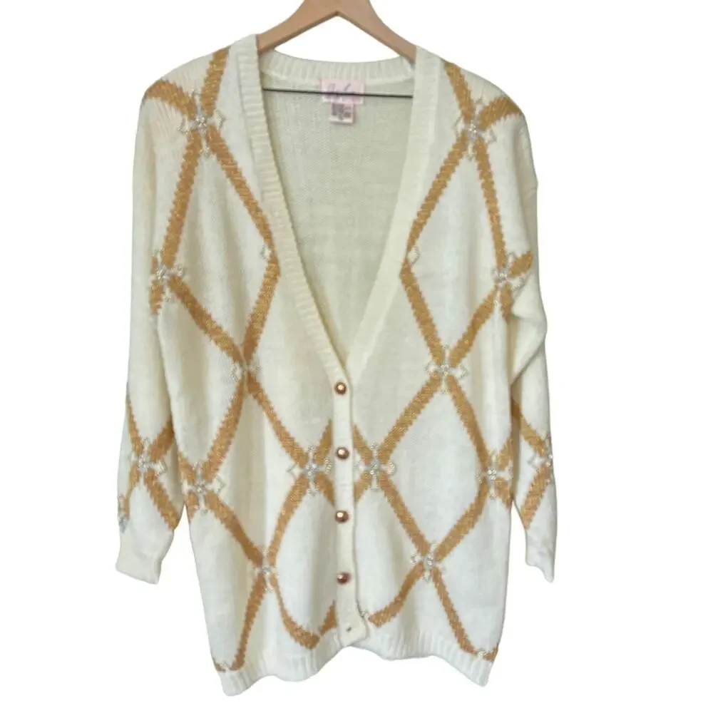 Vintag Beaded Oversized Cardigan Sweater Medium Holiday Retro